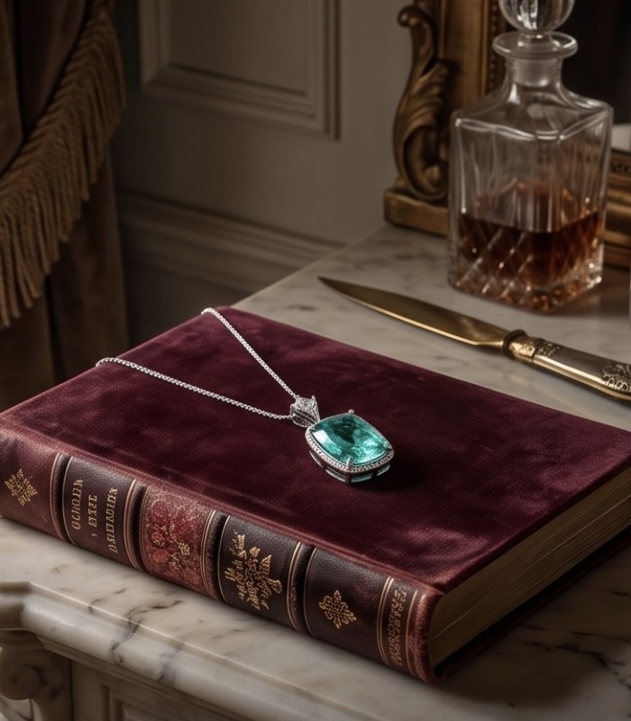 Brazilian's Briliance - emerald cut 31.7 carat Paraiba Tourmaline .925 Sterling Silver handcrafted necklace - Pendant on book, side view; 31.7 carat Paraiba Tourmaline necklace.