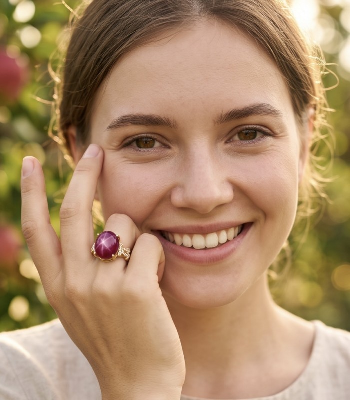 Bella Rosa Genuine 17.5 CARAT Ruby 18K Gold over .925 Sterling Silver Large Statement Ring size 8 - Woman wearing Bella Rosa 17.5 carat ruby ring, close-up on hand and smile.