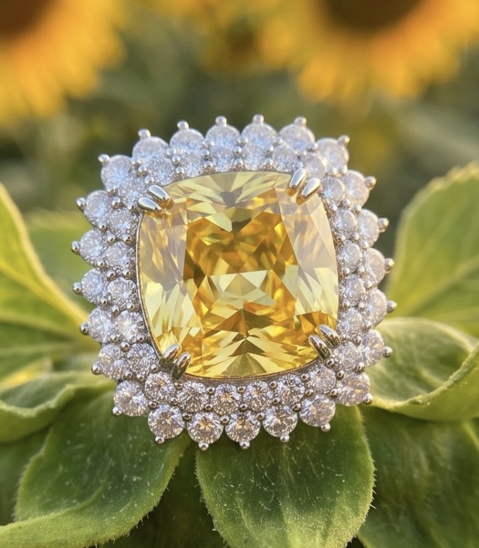 Solid asscher cut 25.8 carat Genuine Yellow Sapphire .925 Sterling Silver handcrafted ring size 6 - Close-up of 25.8 carat yellow sapphire ring on leafy background