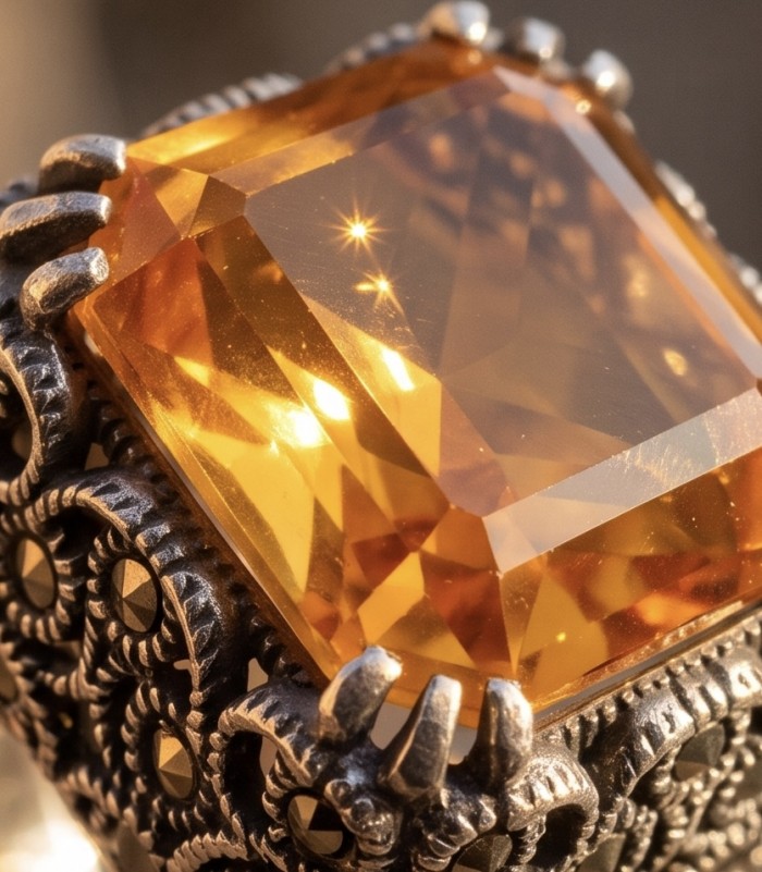 Serenity Natural 29.4 carat GOLDEN Topaz Marcasite .925 Sterling Silver handmade Large Statement Ring size 8 - Close-up of 29.4 carat golden topaz with marcasite in sterling silver.