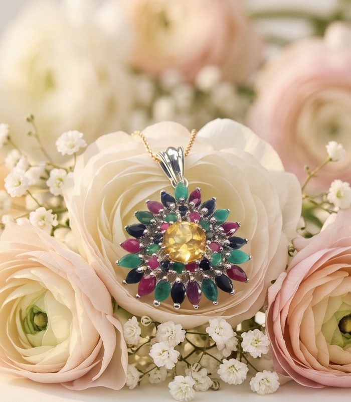 Victoria Authentic 10.5 carat Brazilian Citrine .925 Sterling Silver brilliantly handcrafted Statement Pendant - Pendant with colorful gemstones on flowers, front view close-up.