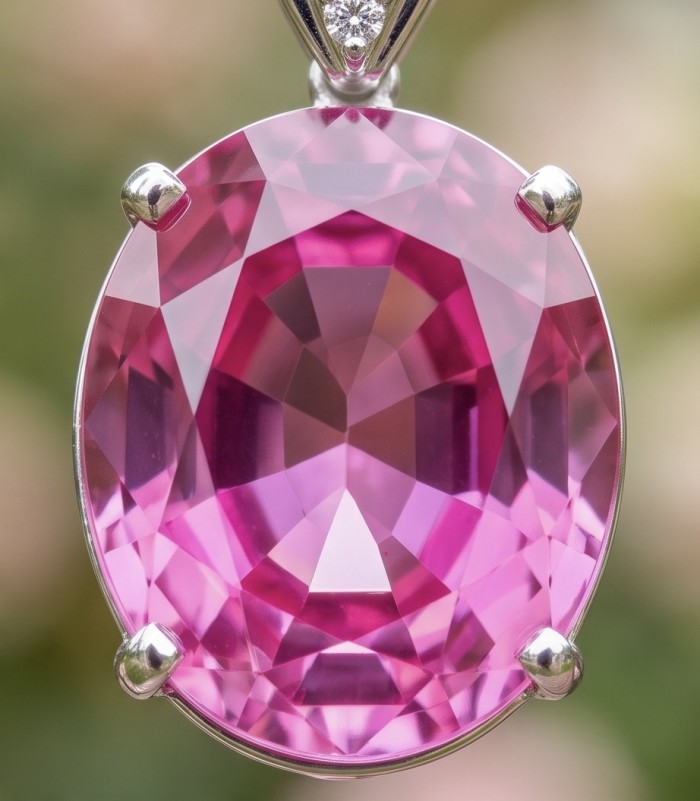 Incredible oval cut 27.8 carat Bubblegum Pink Sapphire .925 Sterling Silver handcrafted pendant - Close-up of oval cut 27.8 carat bubblegum pink sapphire pendant