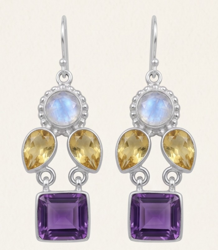 Fiesta Authentic 16.5 carat Multigem .925 Sterling Silver dipped in Rhodium handcrafted earrings - Front view of multigem sterling silver earrings with moonstone, citrine, amethyst.