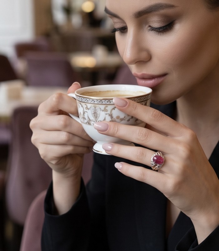 Bella Rosa Genuine 21.5 CARAT Mozambique Ruby 18K Gold over .925 Sterling Silver Large Statement Ring size 6 1/4 - Ruby ring on hand holding ornate teacup, front view