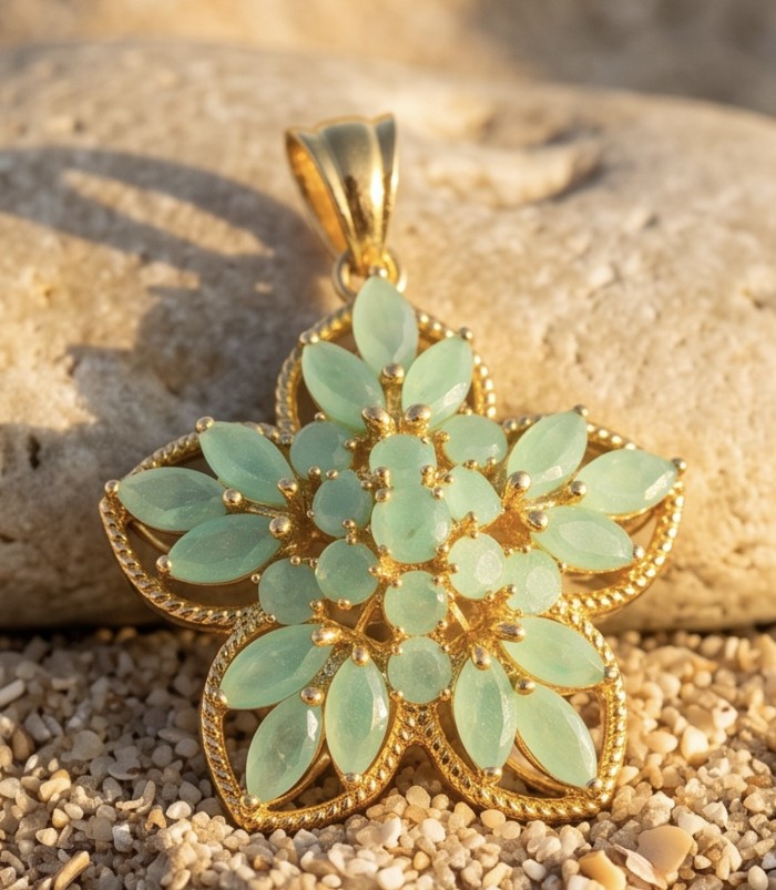 Floral design - authentic 25.5 carat Colombian Emerald 18K Gold over .925 Sterling Silver handcrafted Pendant - Close-up of floral design pendant with emeralds on textured surface
