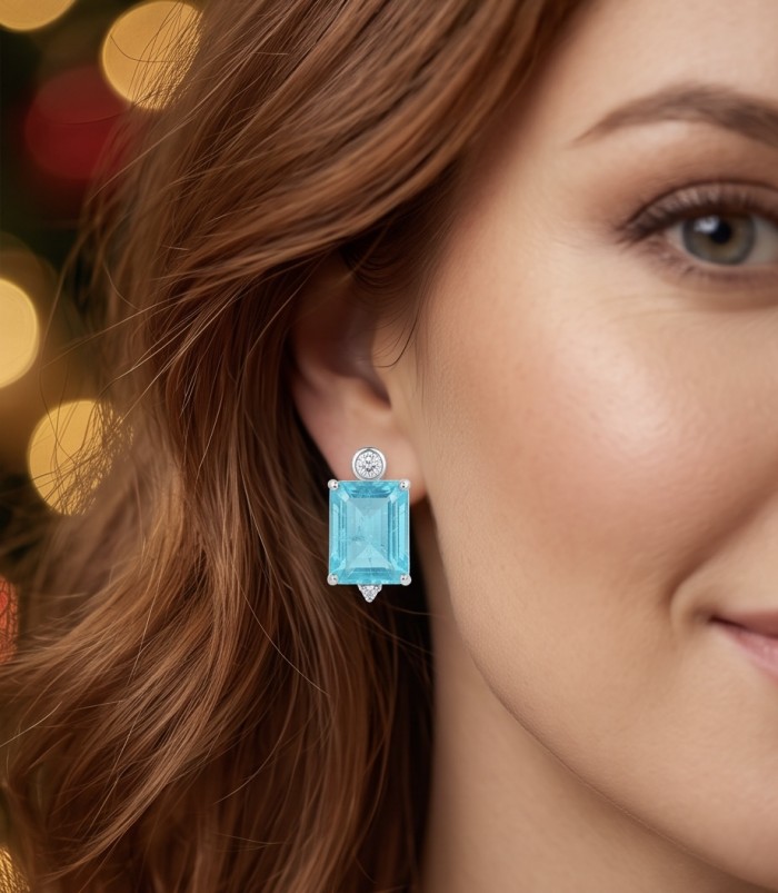 Angelina 5.9 carat authentic Aquamarine .925 Sterling Silver Handcrafted EARRINGS - Aquamarine earring close-up, worn on ear, 5.9 carat sterling silver.
