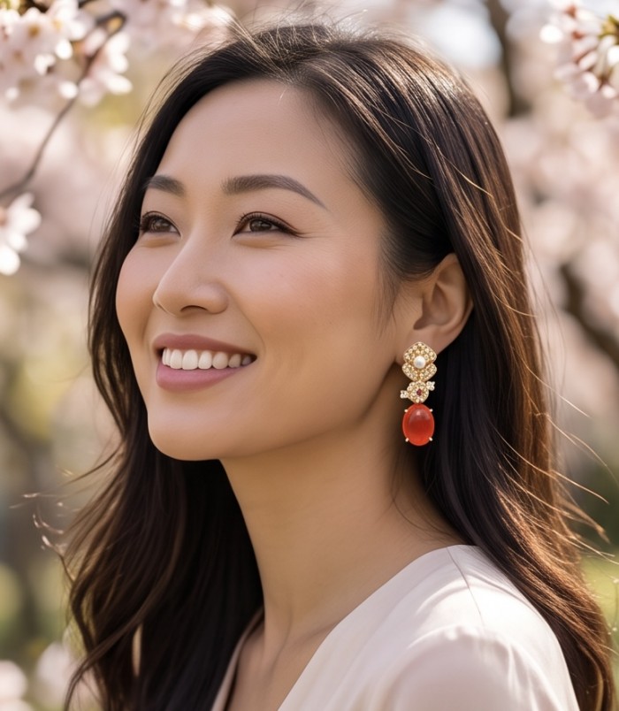 Luxurious 12.9 carat natural Mozambique Ruby 18K Gold over .925 Sterling Silver handcrafted earrings - Side view of luxurious Mozambique Ruby earrings worn by a woman.