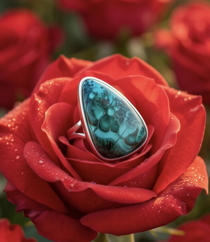 Authentic Parrot's Wing Chrysocolla rhodium over .925 Sterling Silver handcrafted ring size 8 adjustable - Close-up of Parrot's Wing Chrysocolla ring on a red rose.