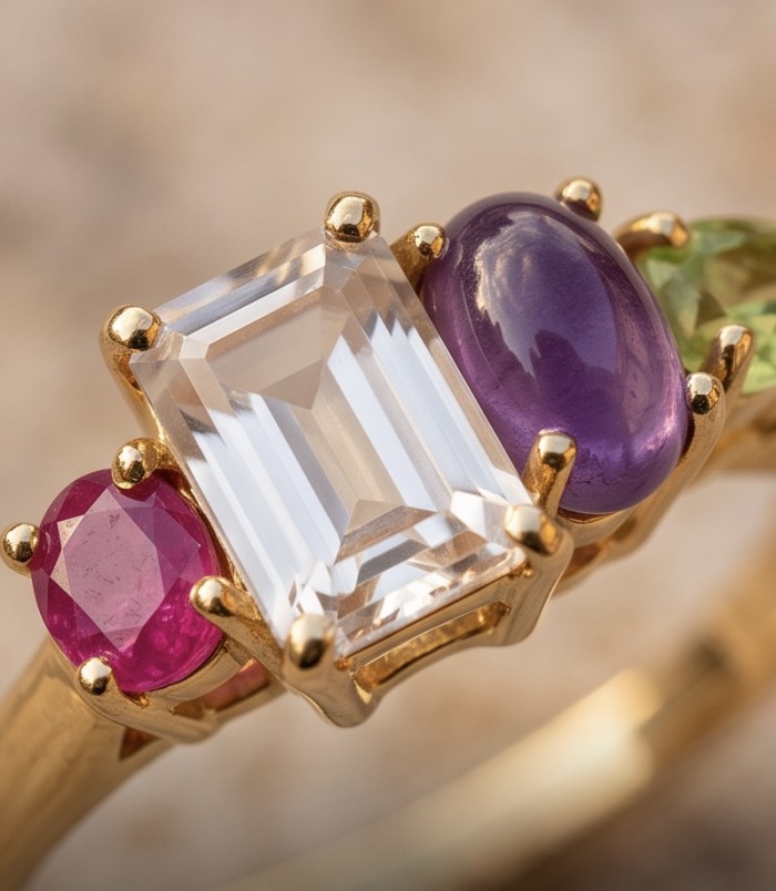 Victoria 5.2 carat Brazilian Citrine .925 Sterling Silver dipped in 14K Gold handcrafted ring; s. 8 - Close-up of a multi-gemstone ring featuring Brazilian citrine.