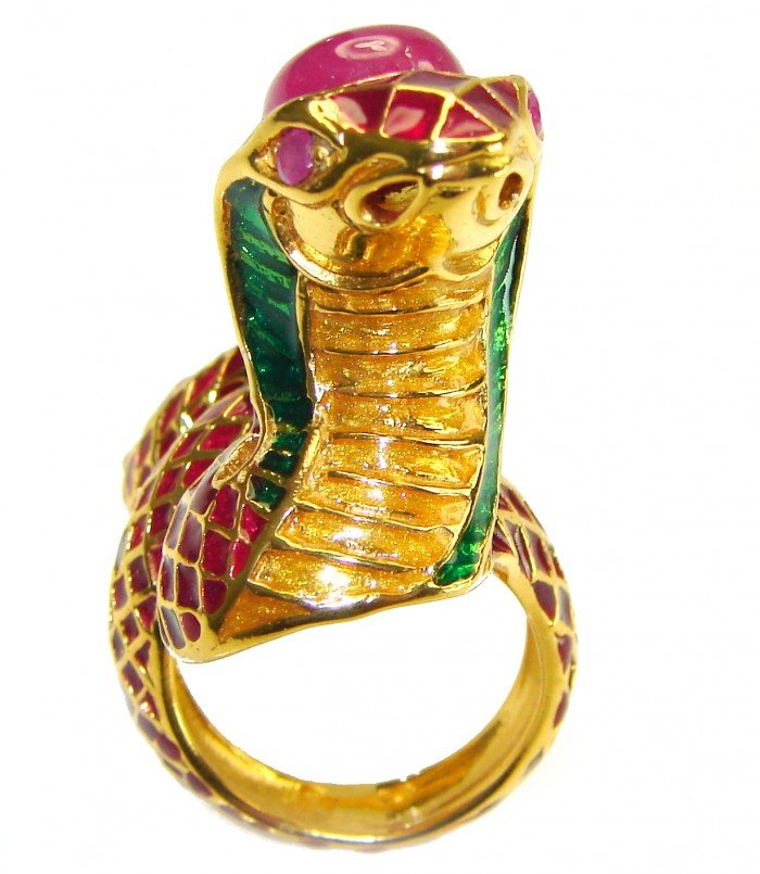 Red Cobra Snake Ruby Enamel 18K Gold over .925 Sterling Silver Huge handcrafted Ring s. 7 - photo 4