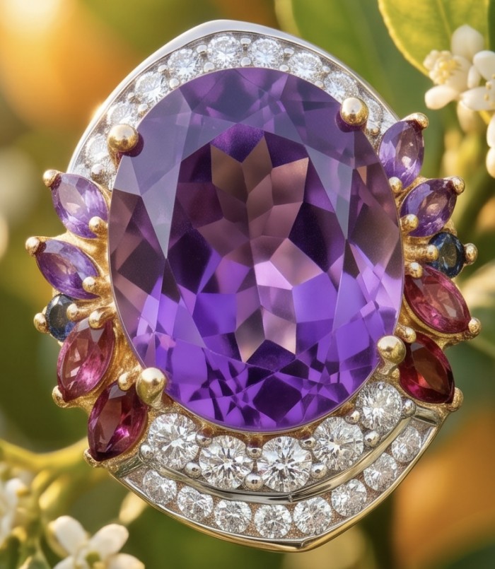 Purple Cascade 21.5 carat natural Amethyst 22K Gold over .925 Sterling Silver Handcrafted Ring size 7 - Close-up of Purple Cascade amethyst ring with diamond accents.