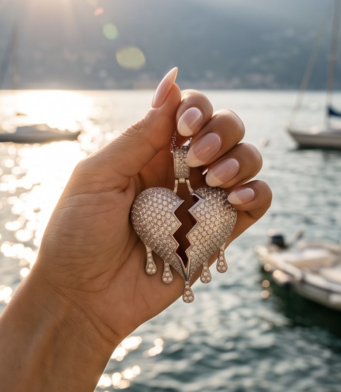 Melting Heart Luxurious 12.4 carat White Topaz .925 Sterling Silver handcrafted pendant - Hand holding Melting Heart pendant; lake and boats in background.
