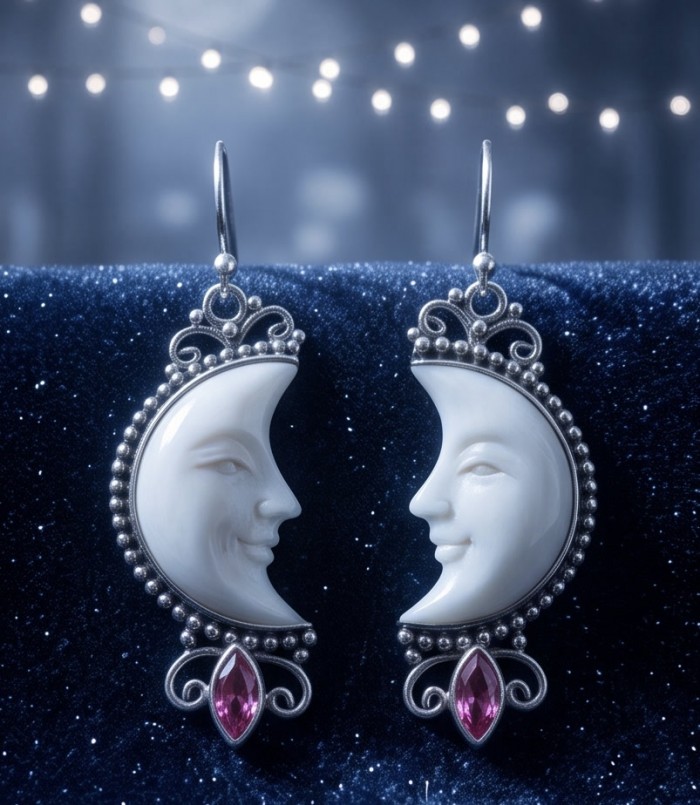 Moonface natural carved Bone .925 Sterling Silver earrings - Moonface bone earrings, silver, front view, with pink gemstone detail.