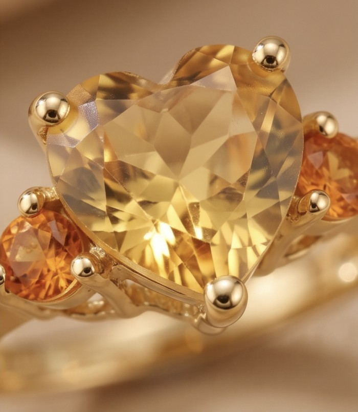 Victoria 5.2 carat Brazilian Citrine .925 Sterling Silver dipped in 22K Gold handcrafted ring; s. 9 - Close-up of heart-shaped citrine ring set in sterling silver.