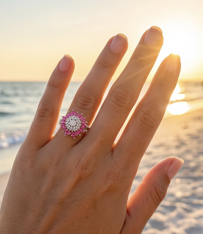 Scarlett 2.4 ctw Mozambique Ruby .925 Sterling Silver handcrafted Statement Ring size 8 - Ruby and silver ring worn on hand, beach sunset background.