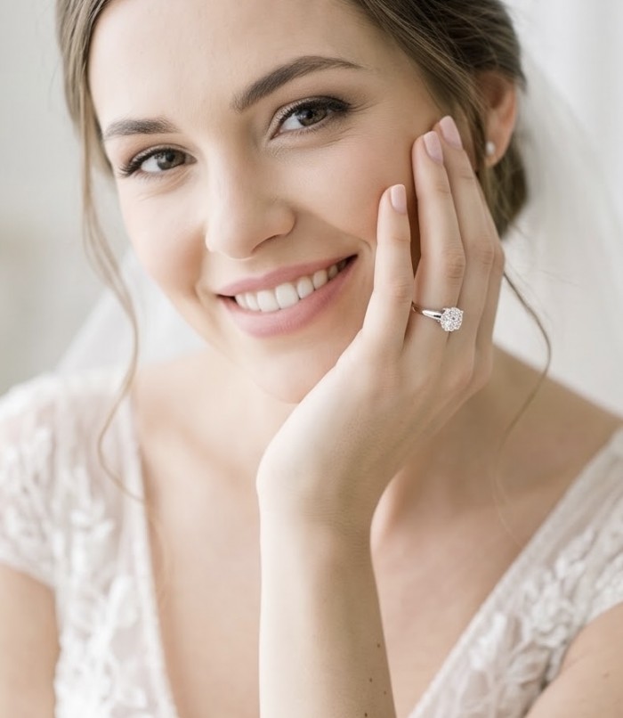 Perfection 1.8 carat White Topaz rhodium over .925 Silver handcrafted Cocktail Ring s. 7 1/4 - Woman with Perfection 1.8 carat white topaz ring, close-up on hand