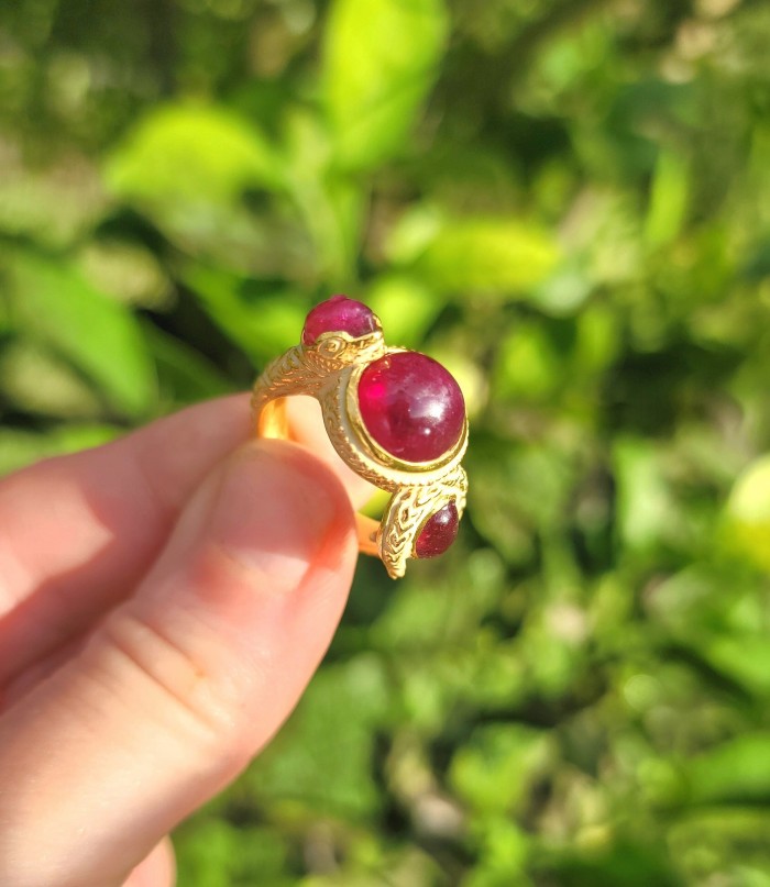 Solid Natural 9.5 carat Ruby Enamel 18K Gold over .925 Sterling Silver handmade Statement Ring size 8 - photo 1