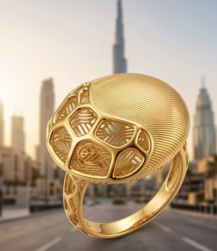 Dubai Style .925 Sterling Silver dipped in 22K Gold handmade Large ring size 9 - Stylish gold ring with geometric design, Dubai skyline in background.