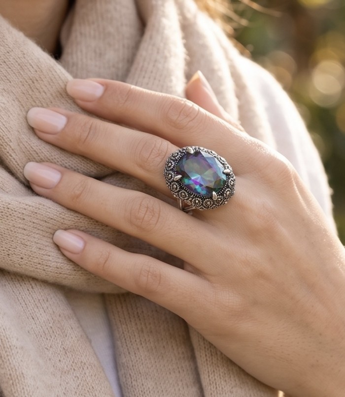 Big Dreamer Massive 20.8 carat Mystic Topaz .925 Sterling Silver handcrafted Large ring size 9 3/4 - Mystic Topaz ring worn on hand, showcasing intricate design.