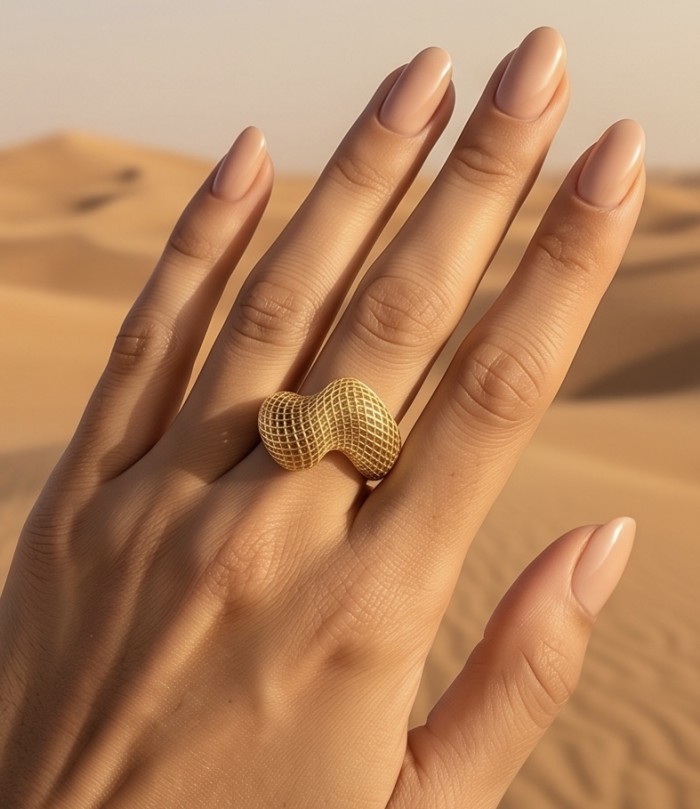 Dubai Style - .925 Sterling Silver dipped in 22K Gold handmade Large ring size 6 1/4 - Gold ring on hand, desert background, side view