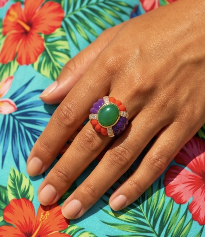 Art Deco Natural 10.8 carat Jade 22K Gold over Enamel .925 Sterling Silver handcrafted Statement ring size 7 - Ring with green jade and enamel accents worn on hand, floral background.
