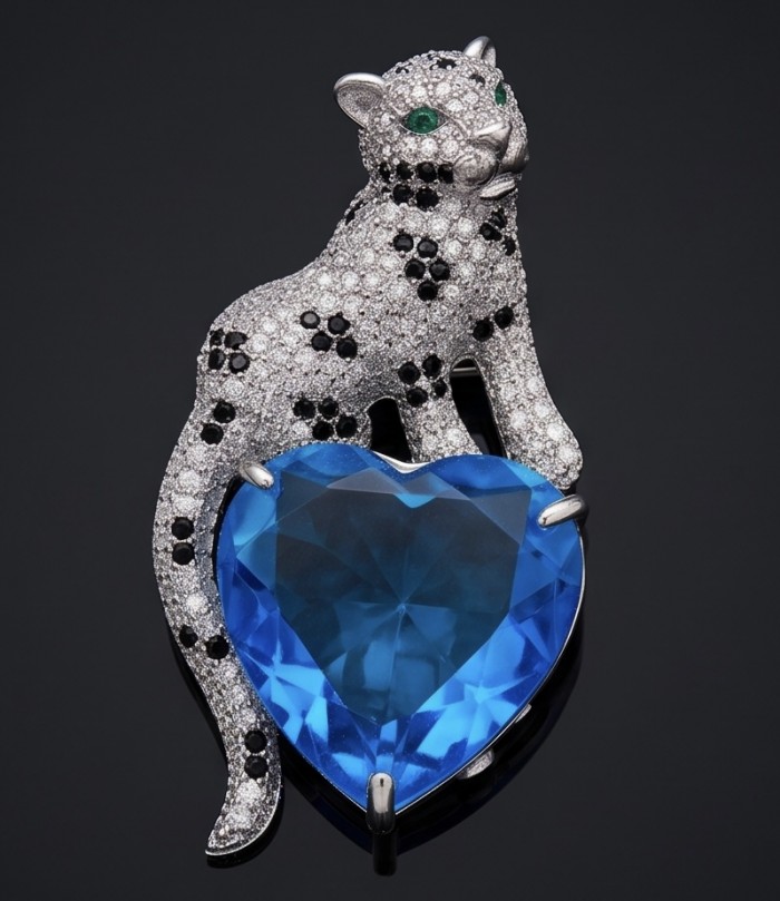 Precious Cheetah authentic 38.5 carat Swiss Blue Topaz .925 Sterling Silver Handcrafted pendant brooch - Front view of cheetah brooch with Swiss Blue Topaz heart.