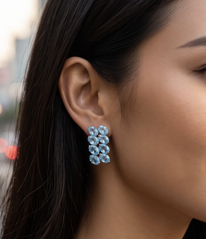 Serenity 27.4 carat genuine Swiss Blue Topaz .925 Sterling Silver handmade Statement Handcrafted earrings - Side view of Serenity Swiss Blue Topaz earrings worn on ear.