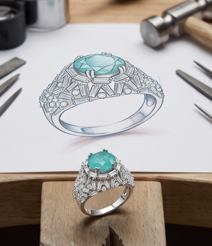 Elizabeth princess cut 8.8 carat Colombian Emerald 5.2 carat Moissanite .925 Sterling Silver dipped in Rhodium handcrafted Ring size 8 1/4 - Emerald ring with design sketch on jeweler's workbench.