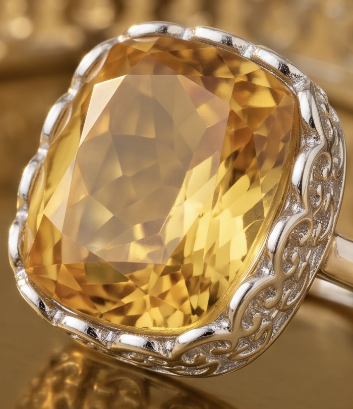 Vivien - Natural 22. 2 carat Citrine .925 Sterling Silver dipped rhodium handcrafted Statement ring; s. 8 - Close-up of Vivien Citrine in .925 Sterling Silver setting.