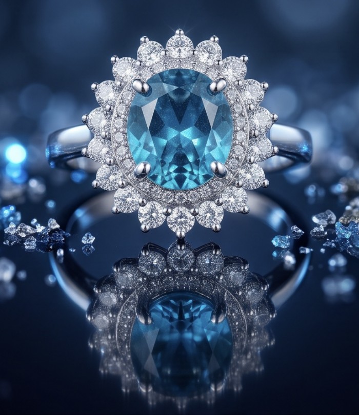 WONDERLAND 4.8 carat Paraiba Tourmaline .925 Sterling Silver Handcrafted Ring size 7 1/4 - Close-up of a Paraiba Tourmaline ring with diamond halo.