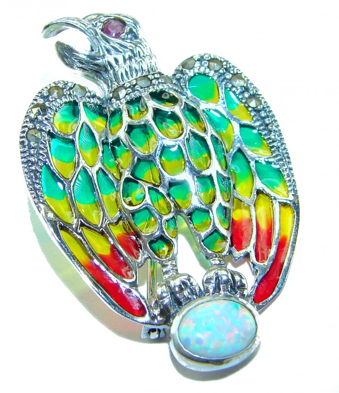 Natural Enamel Eagle .925 Sterling Silver Brooch Pendant - photo 3