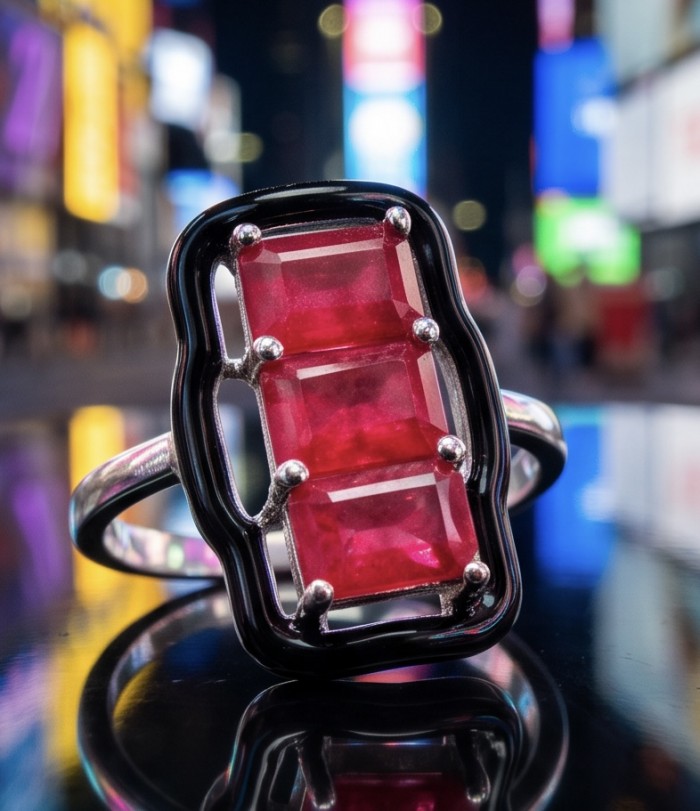 Art Deco 4.2 carat Ruby black enamel .925 Sterling Silver handcrafted Ring s. 8 - Close-up of Art Deco ruby ring with black enamel and silver setting.