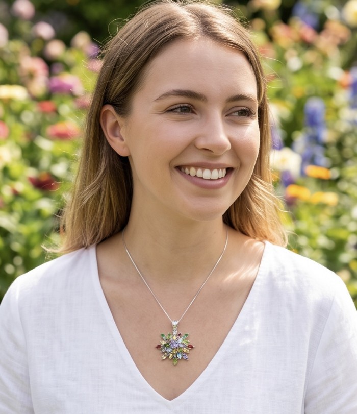Divine Protection 15.8 carat Precious Amethyst .925 Sterling Silver dipped in rhodium handcarfted Pendant - Woman wearing Divine Protection amethyst necklace in garden setting.