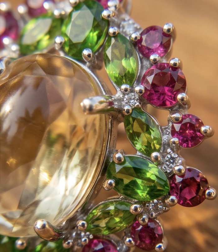 Bringer of Joy Authentic 29.9 carat Brazilian Citrine rhodium over .925 Sterling Silver brilliantly handcrafted Statement earrings - Close-up of Bringer of Joy Brazilian Citrine with green and red gems.