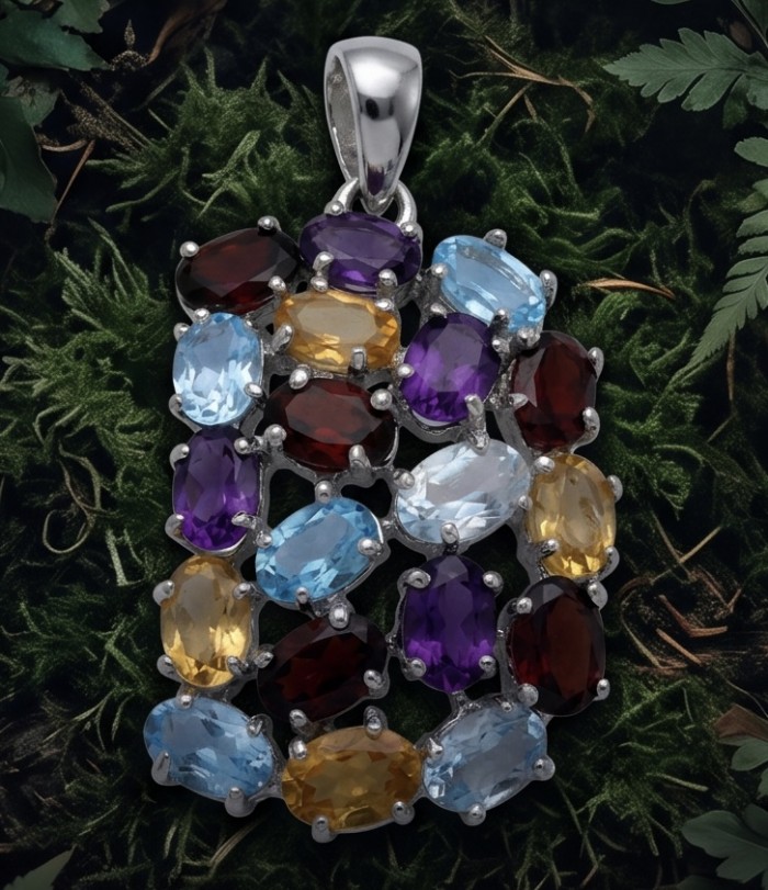 Beauty of Nature natural 22.5 CARAT Multigem .925 Sterling Silver handcrafted pendant - Front view of multicolored gemstone pendant in sterling silver setting.