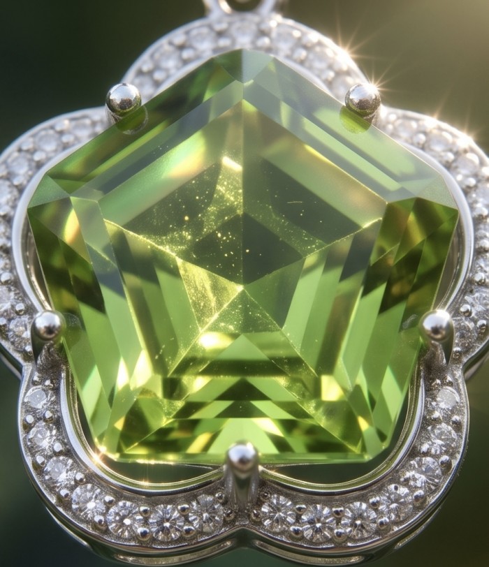 Green Clover 6.8 carat authentic Brazilian Peridot .925 Sterling Silver Handcrafted Statement pendant - Close-up of Green Clover Brazilian Peridot pendant with silver details