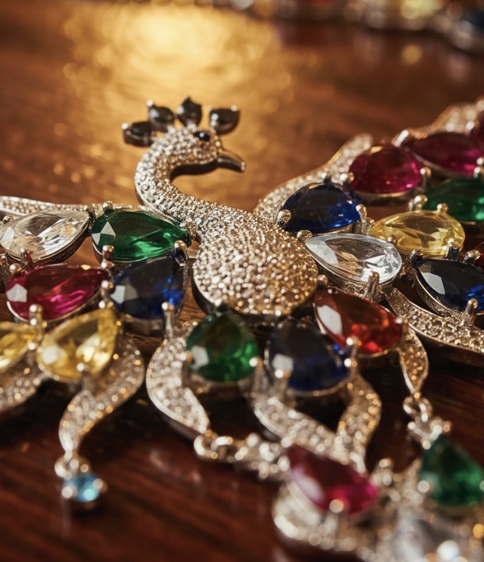 55.2 carat Graceful Swan Natural multicolor Topaz .925 Sterling Silver handcrafted Statement necklace - Close-up of multicolor topaz swan-shaped jewelry detail