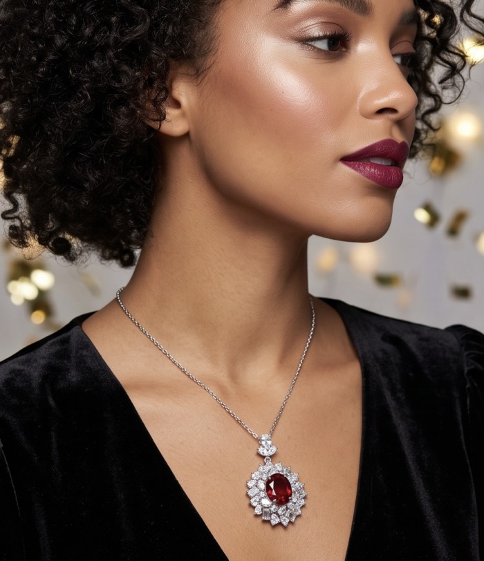 Luxurious 9.9 carat natural Mozambique Ruby .925 Sterling Silver .925 Sterling Silver Statement Necklace - Side view showcasing a Mozambique ruby pendant on a model.