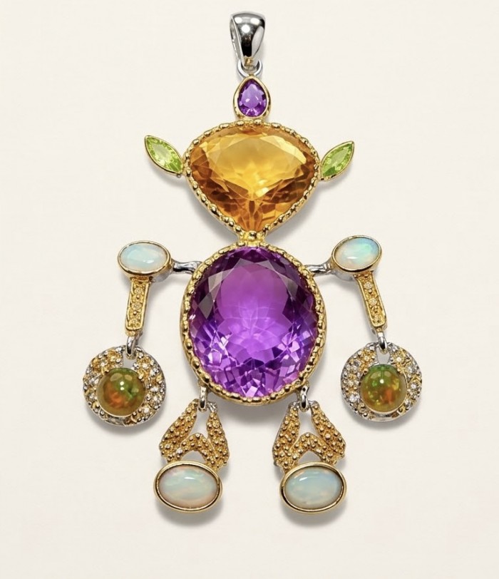 My precious Humanoid Friend 44.6 carat GEMSTONES 18k Gold over .925 Sterling Silver dipped in Rhodium handmade Pendant - Pendant with colorful gemstones, frontal view, humanoid design
