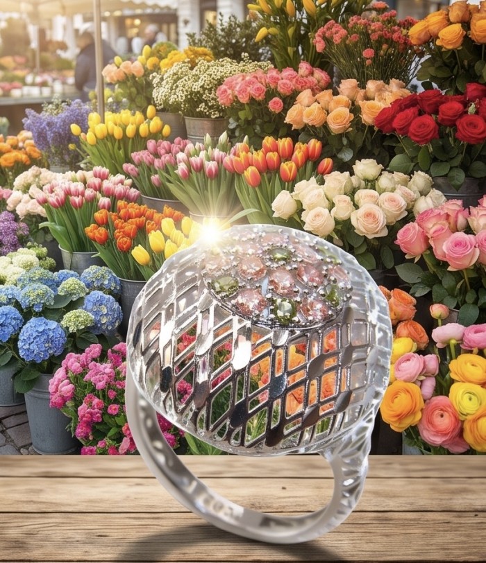 Casablanca Italy made 1.8 carat Morganite Peridot .925 Sterling Silver brilliantly handcrafted ring s. 8 - Ring with gems and lattice design in front of a vibrant flower display.