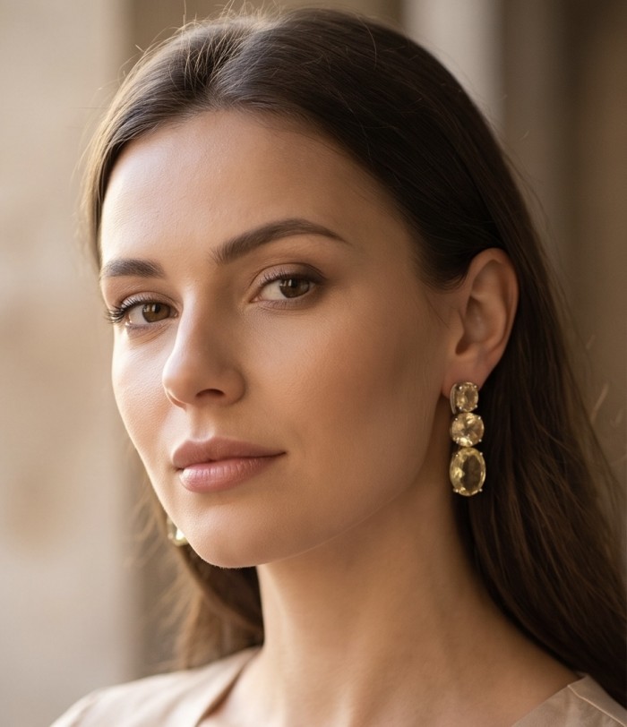 Victoria Authentic 14.2 carat Brazilian Citrine .925 Sterling Silver brilliantly handcrafted Statement earrings - Side view of woman wearing Victoria Authentic Citrine earrings.