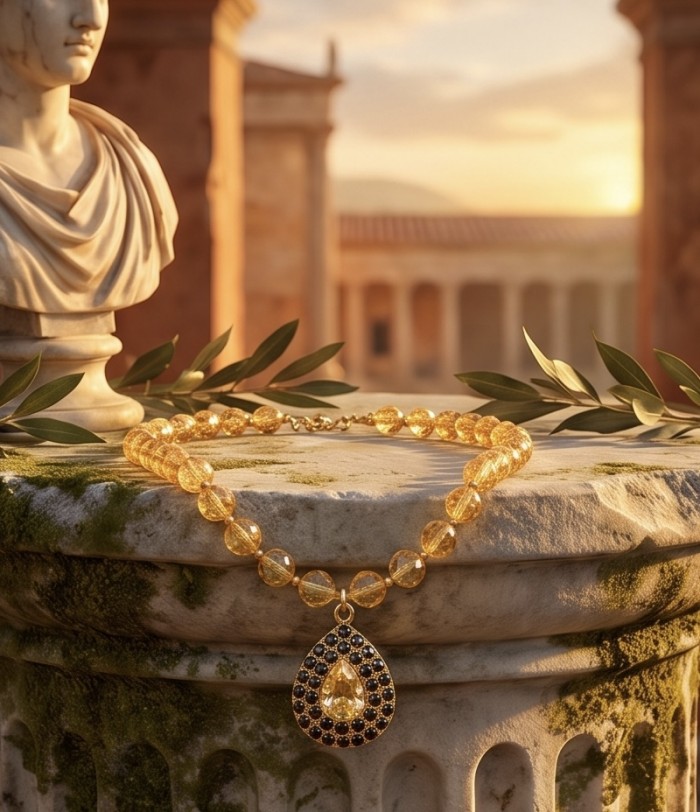 Serenity - 40.2 carat BRAZILIAN Citrine SAPPHIRE 18K Gold over .925 Sterling Silver handmade necklace - Elegant citrine necklace on mossy pedestal in warm sunlight.