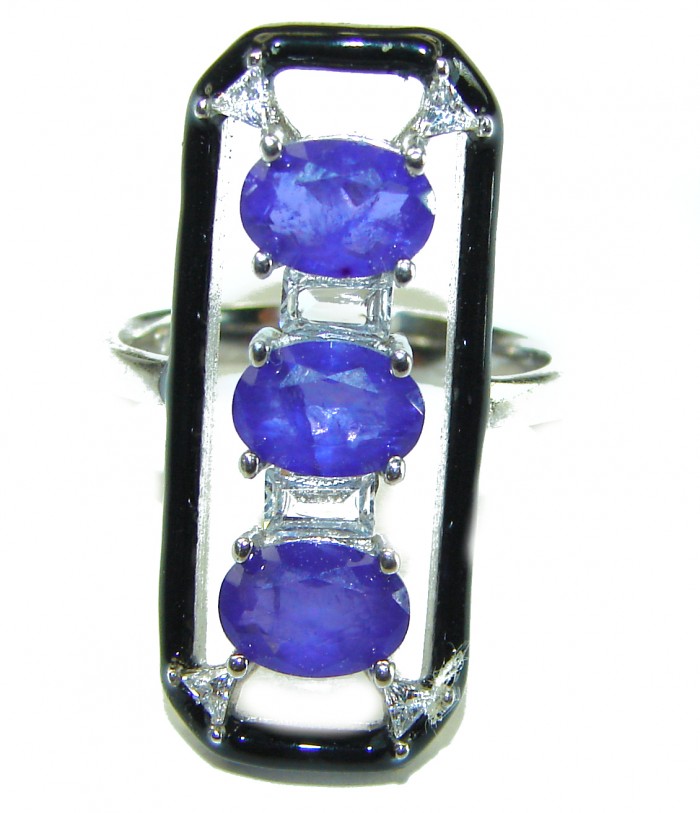 Art Deco 6.2 carat Sapphire black enamel .925 Sterling Silver handcrafted Ring size 6 1/4 - photo 2