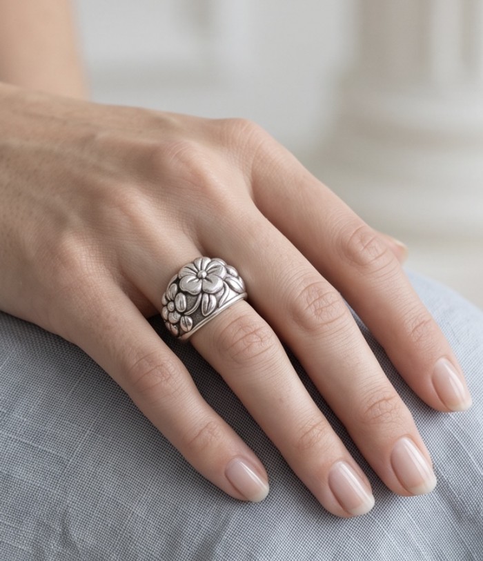 Mantra Solid Bali made .925 Sterling Silver ring size 5 1/4 - Silver floral ring worn on hand, close-up view.