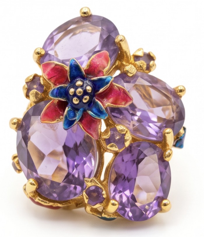 Lila Blossom 17.5 carat Pink Amethyst 22K Gold over .925 Silver handcrafted Cocktail Ring s. 6 3/4 - Close-up of Lila Blossom ring with pink amethyst and gold setting