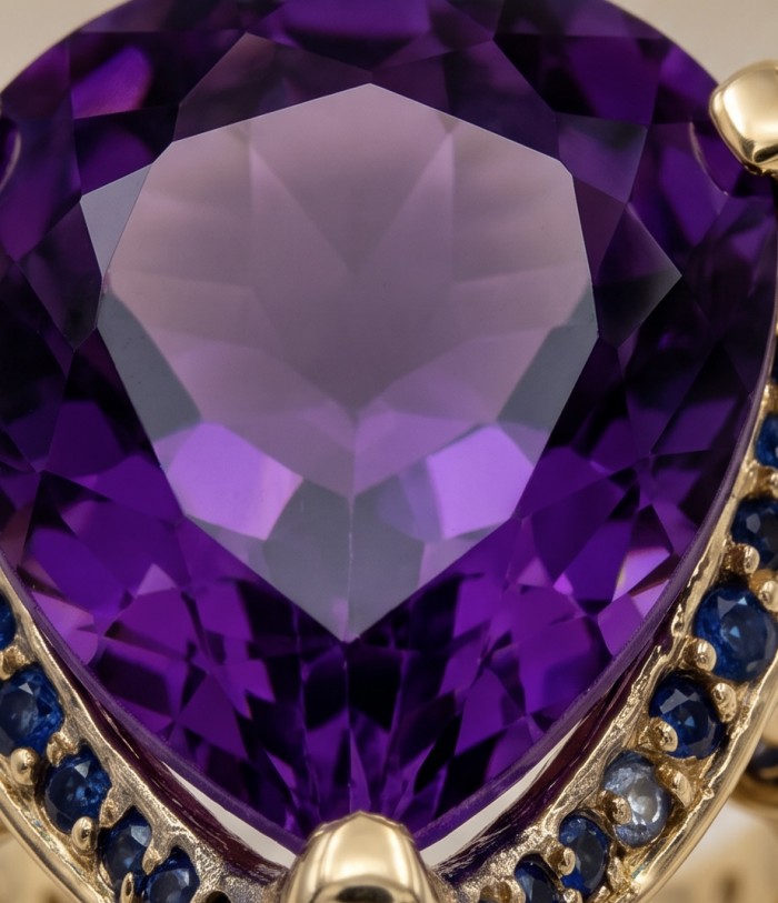 Giuseppina - Authentic 25.5 carat Amethyst Sapphire 22k Gold over .925 Sterling Silver handcrafted Statement Ring size 6 - Close-up of amethyst and sapphire set in 22k gold.