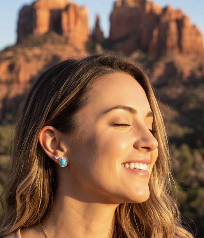 Blue Dreamland - Luxurious stabilized Turquoise .925 Sterling Silver handcrafted Earrings - Woman wearing turquoise earrings with background of red rock formations.