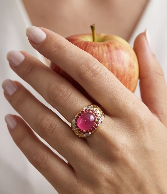 Giovanna 9.7 carat Kashmir Ruby .925 Sterling Silver dipped in 22K Gold handmade Statement Ring size 6 1/2 - Kashmir Ruby ring worn on hand holding an apple