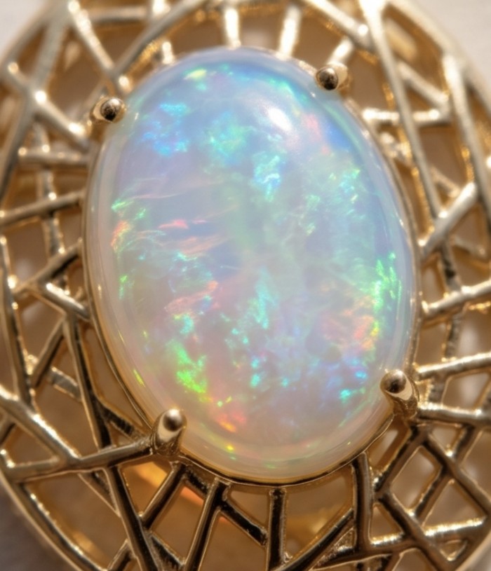Earth Treasure Authentic 12.8 carat Golden Ethiopian Opal 22K Gold over .925 Sterling Silver handcrafted Statament Necklace - Close-up of a 12.8 carat Golden Ethiopian Opal set in gold.