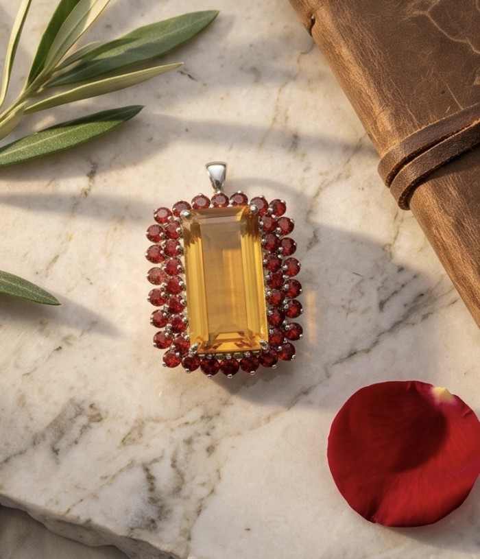 Giovanna baquette cut 38.2 carat Golden Topaz rhodium over .925 Sterling Silver handmade Pendant - Brooch - Golden topaz pendant with red stones on marble background, top view.